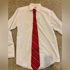 Red silk tie with blue/white stripes